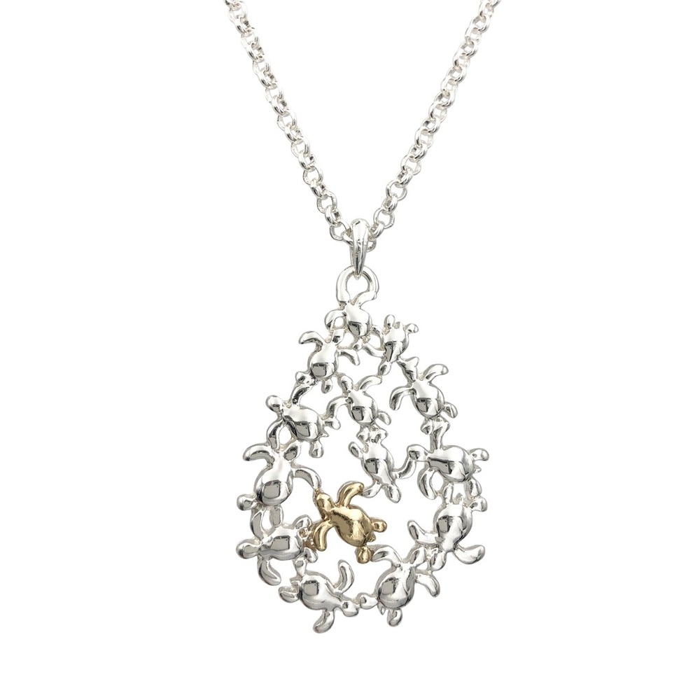 Sea Turtle Cluster Teardrop Silver & Gold Tone Necklace